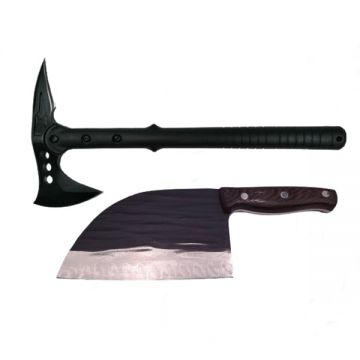 Set Topor Pirate Skull, 39 cm si Cutit Wave Blade, 30 cm, DEPOX , otel inoxidabil, negru