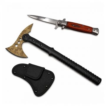 Set topor si briceag de vanatoare DEPOX , 39 cm 23 cm, maro negru, otel inoxidabil