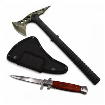 Set topor si briceag de vanatoare DEPOX , otel inoxidabil, 40 cm  23 cm, verde maro