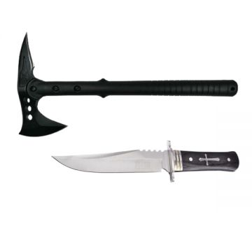 Set Topor Survivor 39 cm si Cutit de vanatoare 28 cm , DEPOX  , negru ,husa inclusa