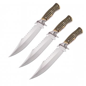 Set trei cutite vanatoare, lama otel zimtata, DEPOX , 30 cm, teaca inclusa