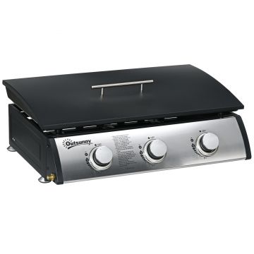Outsunny Grill pe gaz cu capac, 3 arzătoare, tăviță colectoare de grăsime, plită antiaderentă, 63x47x25 cm, Negru/Argintiu | Aosom Romania