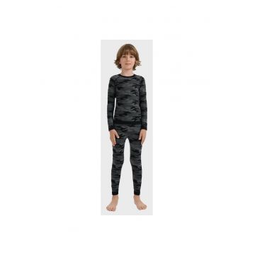 Set Lenjerie De Corp Termica Pentru Baieti -  Useam249 - Pantaloni Si Bluza - Material Respirabil Flexibil - Tehnologie 4Fskin Fara Cusaturi Pentru Antrenament Sport Iarna Si Utilizare Zilnica - Imprimeu Camuflaj Multicolor La Moda - Gri - Multicolor
