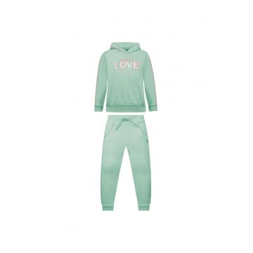 Set trening  hanorac cu gluga si puf - pantaloni cu snur - broderie - verde - bumbac-poliester