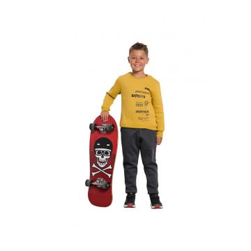 Trening copii  cu captuseala fleece - talie elastica - 2 buzunare - bumbac/poliester - galben/gri