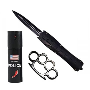 Set briceag automat de vanatoare, spray paralizant chili si rozeta autoaparare DEPOX , 23 cm 60 ml 12 cm, negru