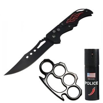 Set briceag de vanatoare, spray paralizant chili si roxeta autoaparare DEPOX , 21.5 cm 12 cm 60 ml, negru