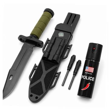 Set cutit cu amnar,ascutitor si spray autoaparare chili, DEPOX  , 32 cm 60 ml, teaca multifunctionala, verde military