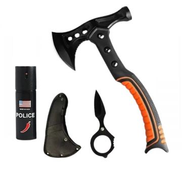 Set topor multifunctional camping cu ciocan, cutit de aruncat si spray autoaparare chili DEPOX , otel inoxidabil, maner cauciucat, 33.5 cm 60 ml