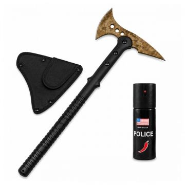 Set topor Survivor si spray paralizant chili DEPOX , Desert Camo, 39 cm 60 ml, negru