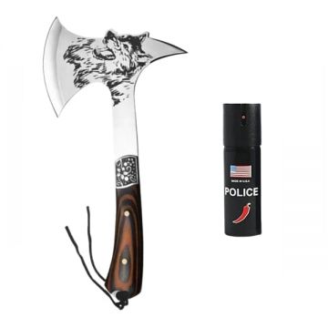 Set topor vanatoare si spray autoaparare chili DEPOX m otel inoxidabil, 33 cm 60 ml, teaca inclusa